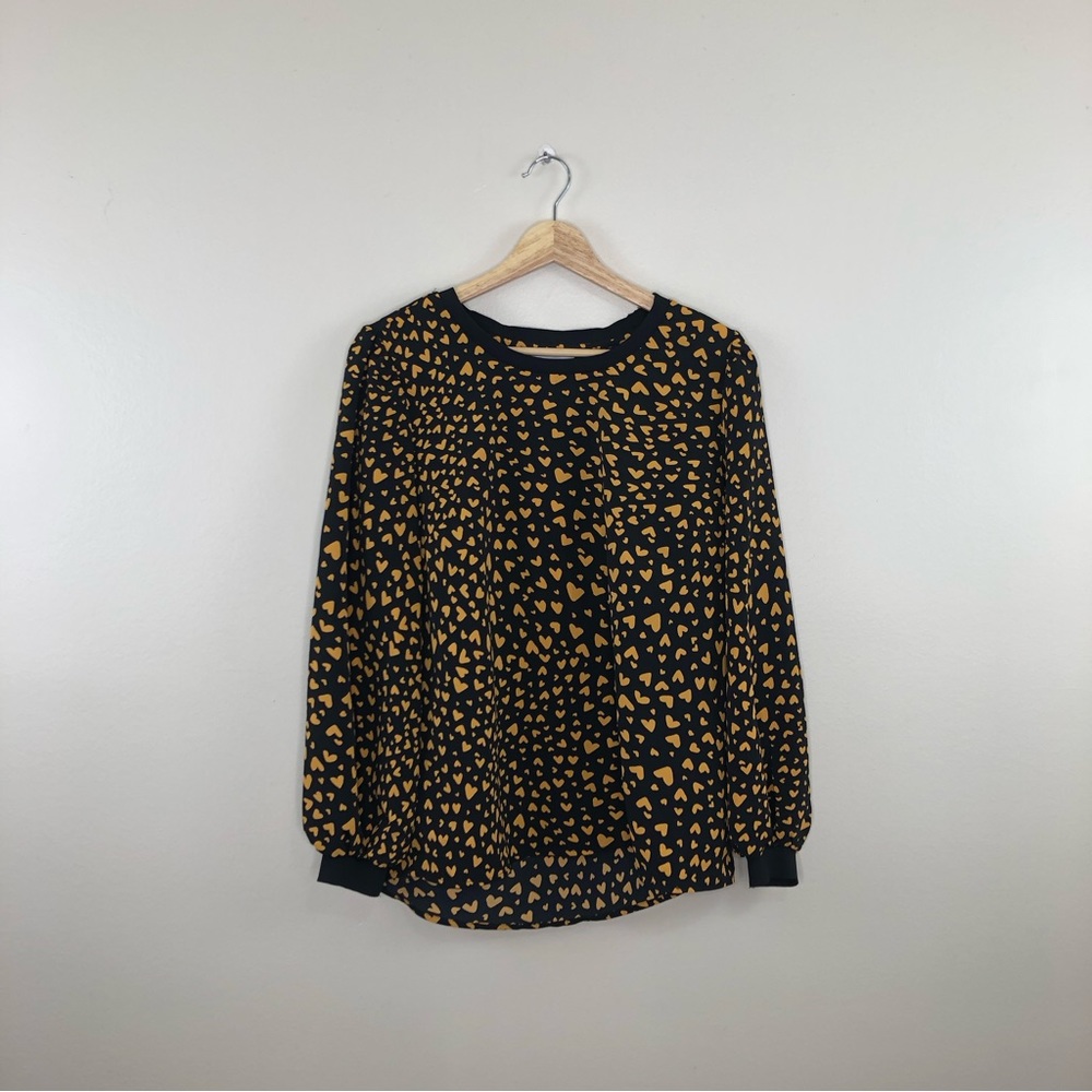 POPSUGAR Black and Mustard Heart Print Long-Sleeve Blouse - Picture 2 of 12